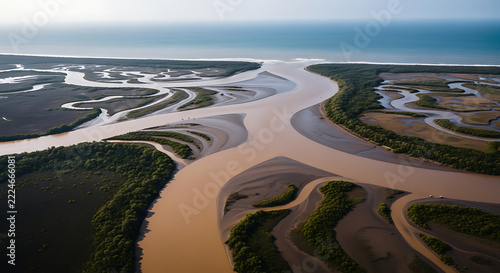 Aerial view of a winding river estuary flowing into the vast blue ocean