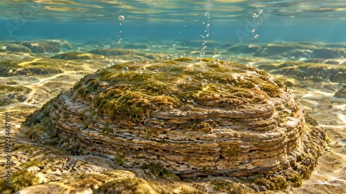 Underwater rock formation with layered stone, green algae, clear shallow water, rising bubbles, sunlit seabed, and ancient limestone textures