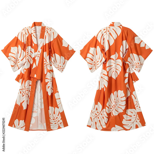 Orange kimono with white monstera leaf print displayed front and back view on black background