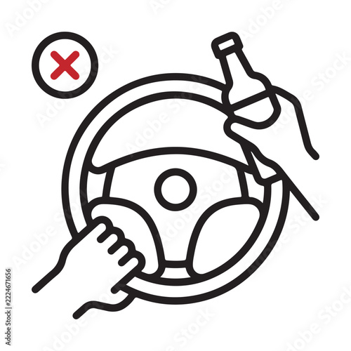 Driving under influence concept with steering wheel and alcohol bottle
