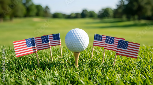 Golf ball on tee surrounded by american flags on a lush green course