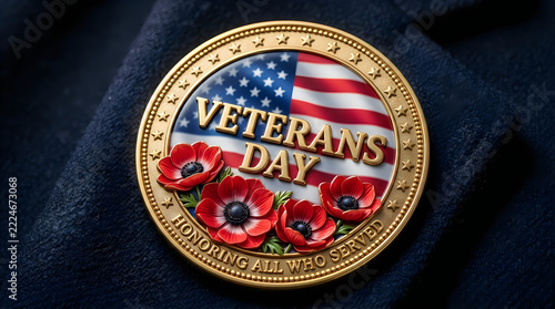Veterans day remembrance emblem featuring american flag and vibrant red poppies