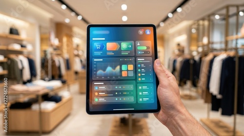 Human hand naturally holding a modern tablet displaying an abstract retail order management interface, tablet dominating the composition, contemporary retail store softly blurred in the background, u