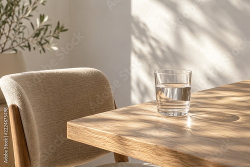 Clear Glass of Water on a Light Wooden Table beside a Beige Chair