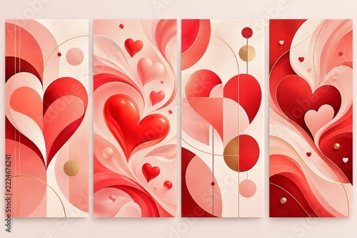 Modern abstract romantic greeting cards with hearts and fluid geometric shapes