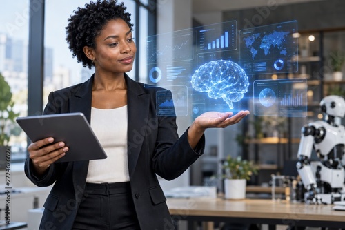 Woman presenting blue analytical dashboards and a glowing brain above her palm