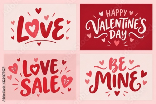 Valentine Lettering Card Collection with Red Hearts and Romantic Typography