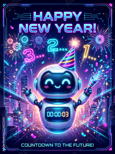 Cute robot with party hat counting down to new year in futuristic greeting card illustration