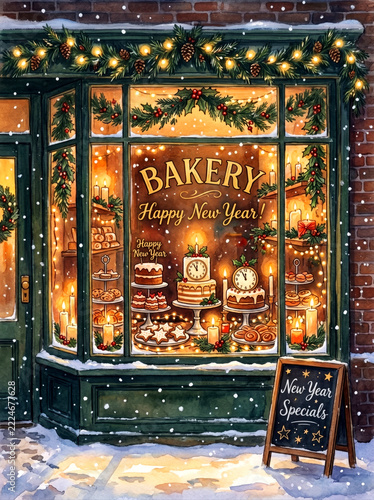 Bakery window with new year cakes, glowing candles and falling snow in cozy hand painted style