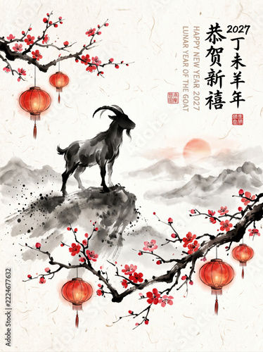 Ink and wash style new year greeting with goat silhouette, plum blossoms and red lanterns for 2027