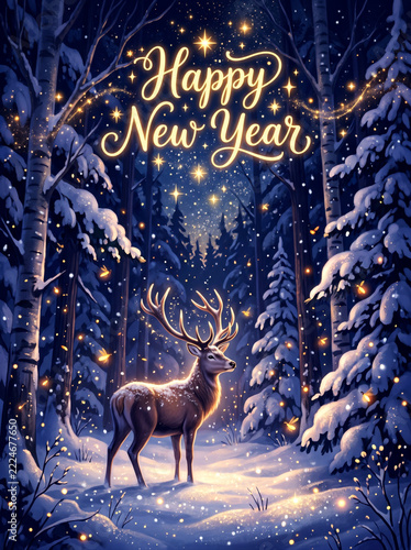 Deer in snowy forest with glowing fireflies and golden stars for new year wish in dreamy digital art