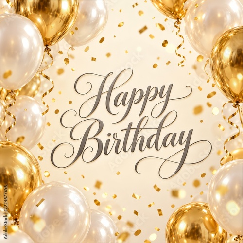 Elegant gray birthday lettering framed by gold and pearl balloons