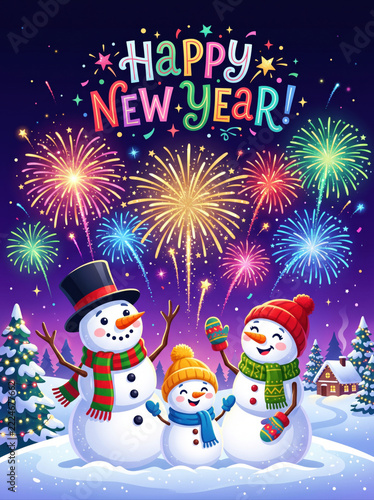 Cartoon snowman family waving at midnight fireworks for happy new year greeting illustration