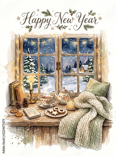Cottagecore new year greeting with tea, cookies, candles and knitted blanket by window in soft watercolor