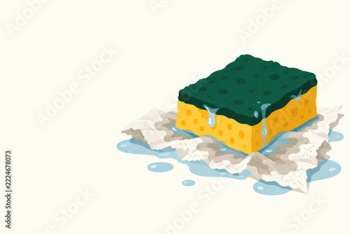 Yellow cleaning sponge with green scrub pad rests in soapy water. Space for text.
