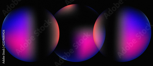 Abstract spheres with vibrant neon gradient colors and grainy texture on a black background