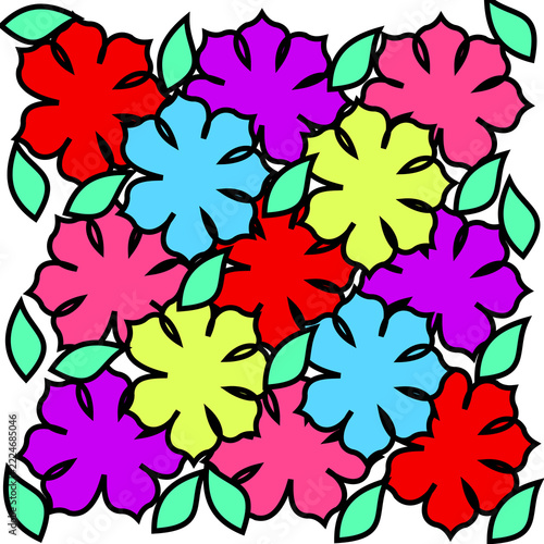 Set of flowers and set of green leaves 