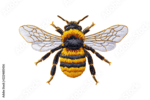 Embroidery bee insect with striped body and white wings