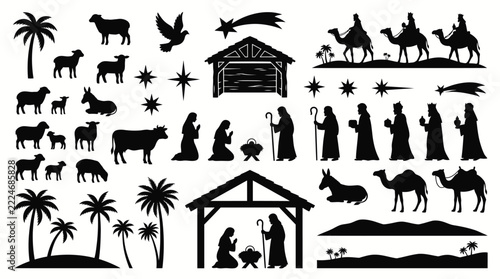 Set of black nativity scene silhouettes with holy family, wise men, camels, sheep, palm trees, stable and christmas stars for holiday religious design elements