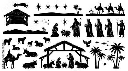 Black silhouette icons of the nativity scene with holy family baby jesus three wise men camels palm trees and animals for christmas design elements