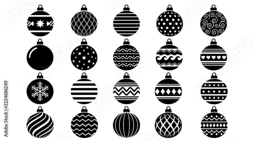 Set of twenty black and white christmas ornament baubles with various patterns and decorative designs for holiday decoration
