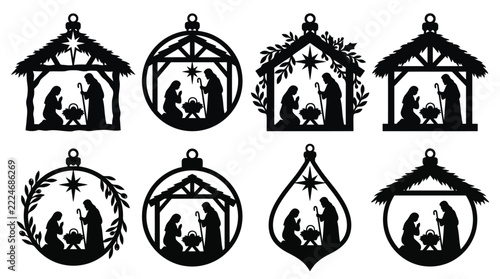 Set of christmas nativity scene ornaments with silhouettes of baby jesus mary and joseph for holiday decoration and religious greeting cards