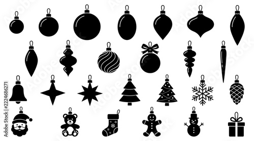 Set of black silhouette christmas ornaments and holiday decorations for tree hanging including balls stars tree snowflake santa bear stocking gingerbread man and gift box icons