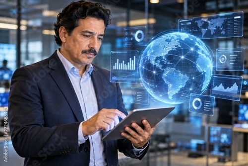 Businessman using a tablet with a luminous globe and connected blue data cont...
