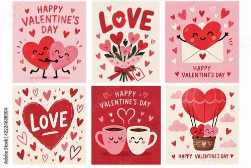 Six Cheerful Valentine Greeting Card Designs with Cartoon Hearts