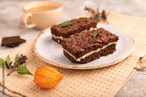 Chocolate cheese cake with cup of coffee on brown concrete, close up, side view, selective focus