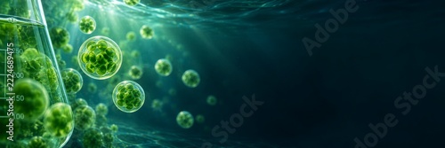 green microalgae cells glowing in water with laboratory glassware and copy space. concept of biotechnology, biofuel production, and scientific research. banner, website header.