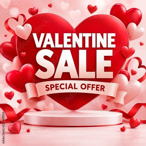 Valentine sale promotional poster with bold lettering and decorative hearts
