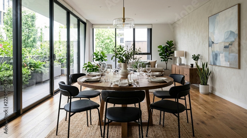 Modern Dining Room with Round Table Black Chairs and Large Windows Overlooking Greenery
