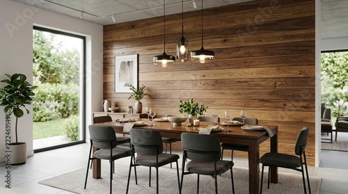 Modern Dining Room with Wood Accent Wall Large Window and Contemporary Furniture