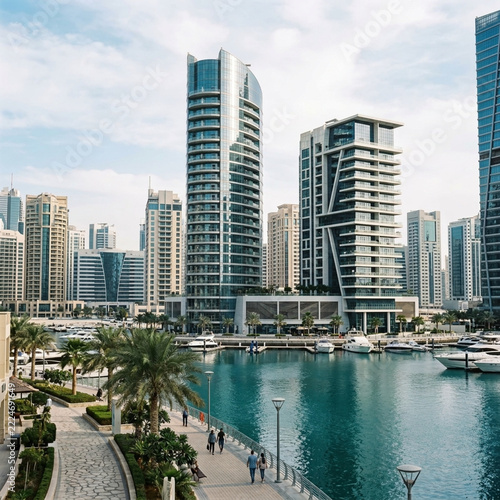 Modern Dubai Marina Skyline with Yachts and Palm Trees on a Sunny Day