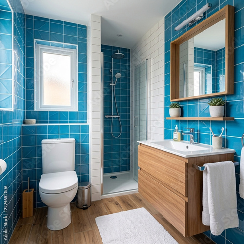 Modern Blue Tiled Bathroom with Wood Vanity and Walk in Shower