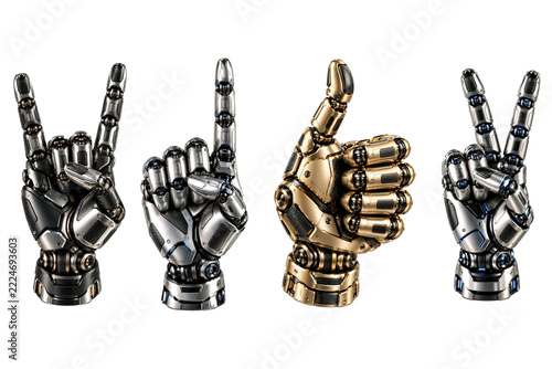 Robotic Hands Making Peace, Victory and Thumbs Up Gestures in Metallic Silver and Gold