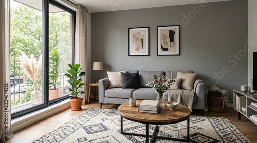 Modern living room interior with grey sofa large window balcony view wooden coffee table geometric rug and abstract art