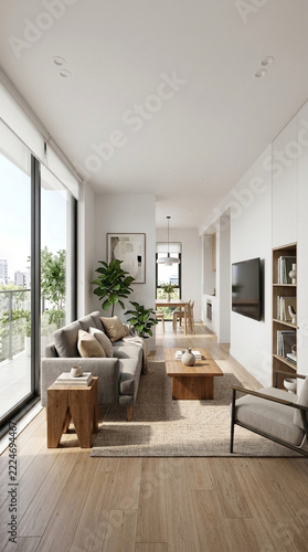 Modern living room interior with large window natural light comfortable sofa coffee table and TV Stylish apartment design
