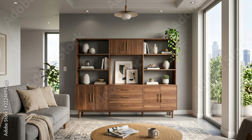 Modern Living Room Interior with Mid Century Modern Bookshelf Sofa and Coffee Table
