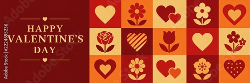 Valentine's Day greeting card with hearts and flowers icons in red and yellow grid