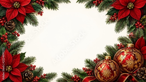 Christmas border with poinsettias, pine branches, red berries, pine cones, and ornate ornaments