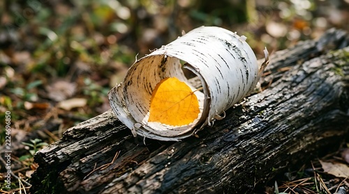 Bright yellow aspen leaf resting inside a curled piece of white birch
