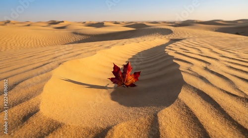 Single red autumn leaf resting on the golden rippled sand dunes of a