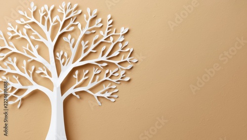 White Paper Tree Sculpture with Delicate Branches and Intricate Foliage on a Solid Beige Background