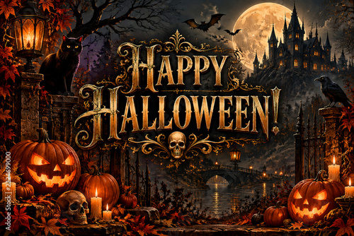 Gothic, mystic Halloween greeting in mysterious background