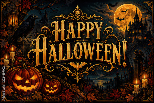 Gothic, mystic Halloween greeting in mysterious background