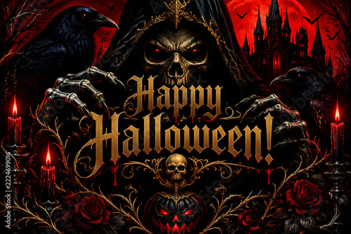 Gothic, mystic Halloween greeting in mysterious background