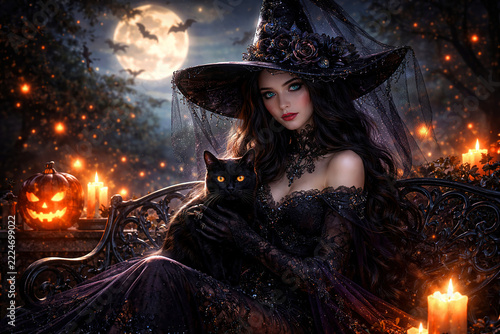 Enchanting witch with black cat in the moonlight park, surrounded by glowing pumpkins

