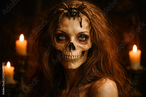 Zombie woman with skull face and spider in the candlelit